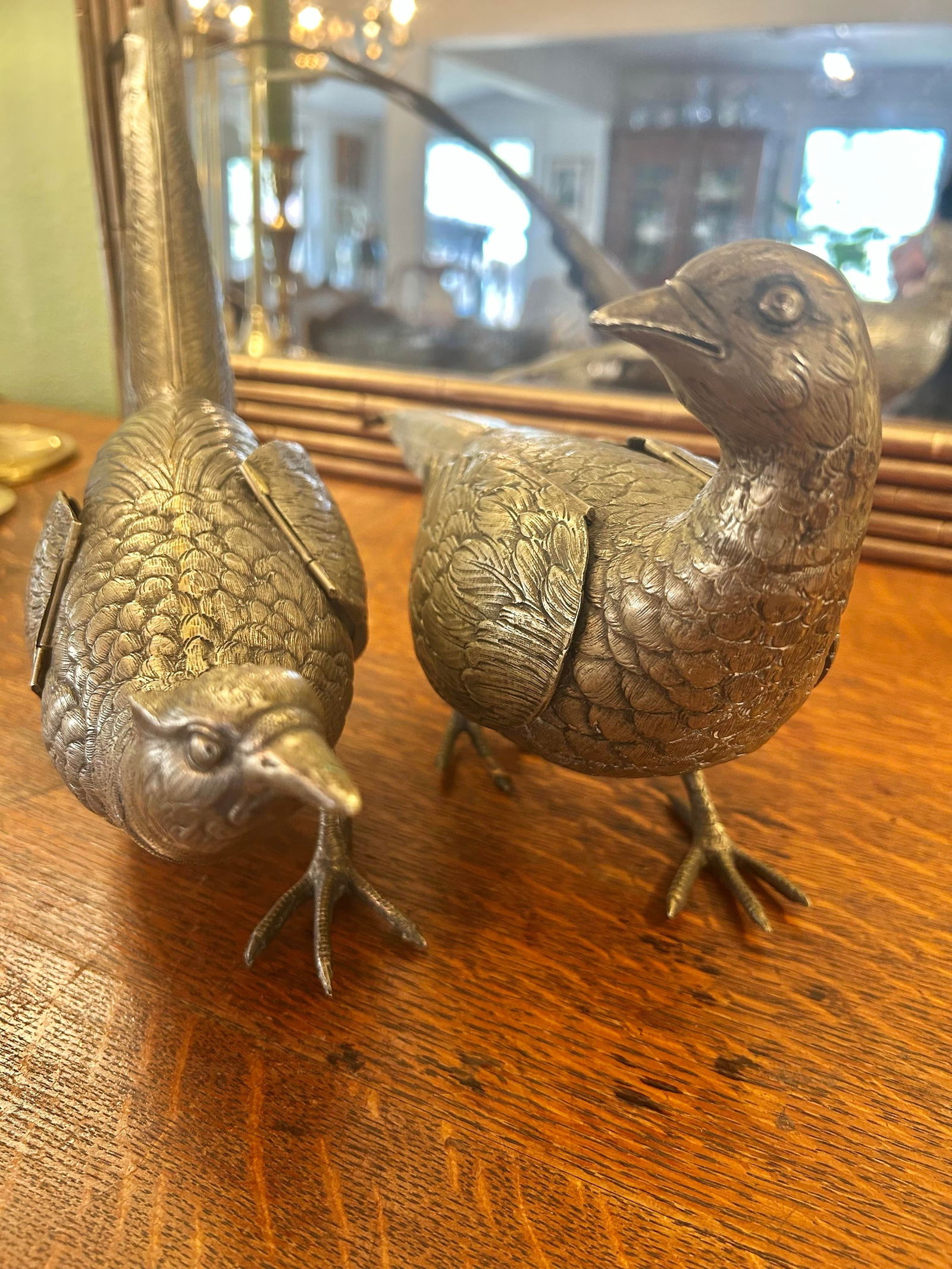 Early 20th Century Large German Silver Plated Pheasant Sculptures With Hinged Wings - A Pair - 4