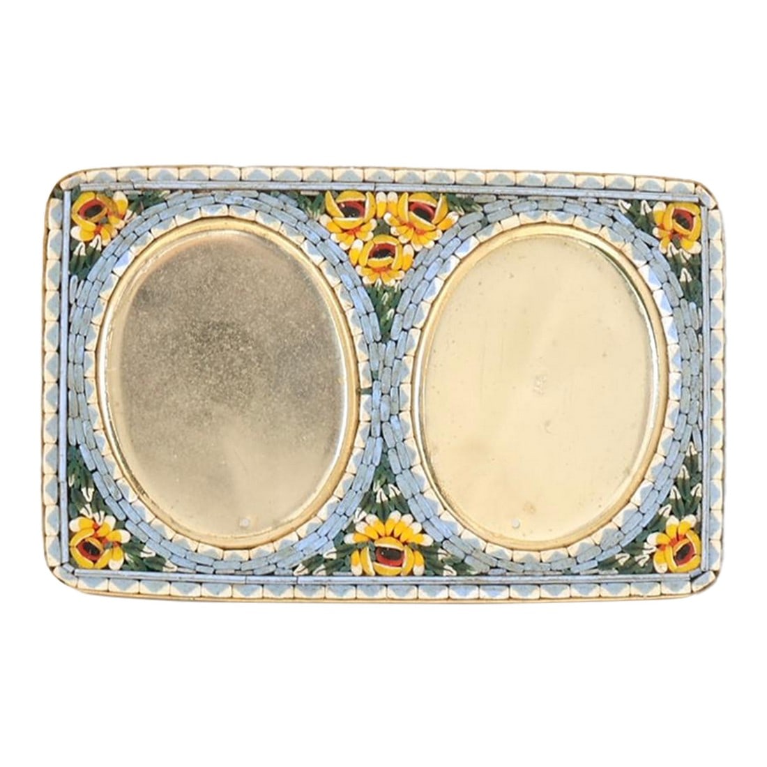Vintage Italian Double Micromosaic Picture Frame: A striking Italian micromosaic picture frame featuring twin oval openings framed by a luminous turquoise and ivory floral border. The intricate glass tesserae are hand-set in classic Roman style, crea