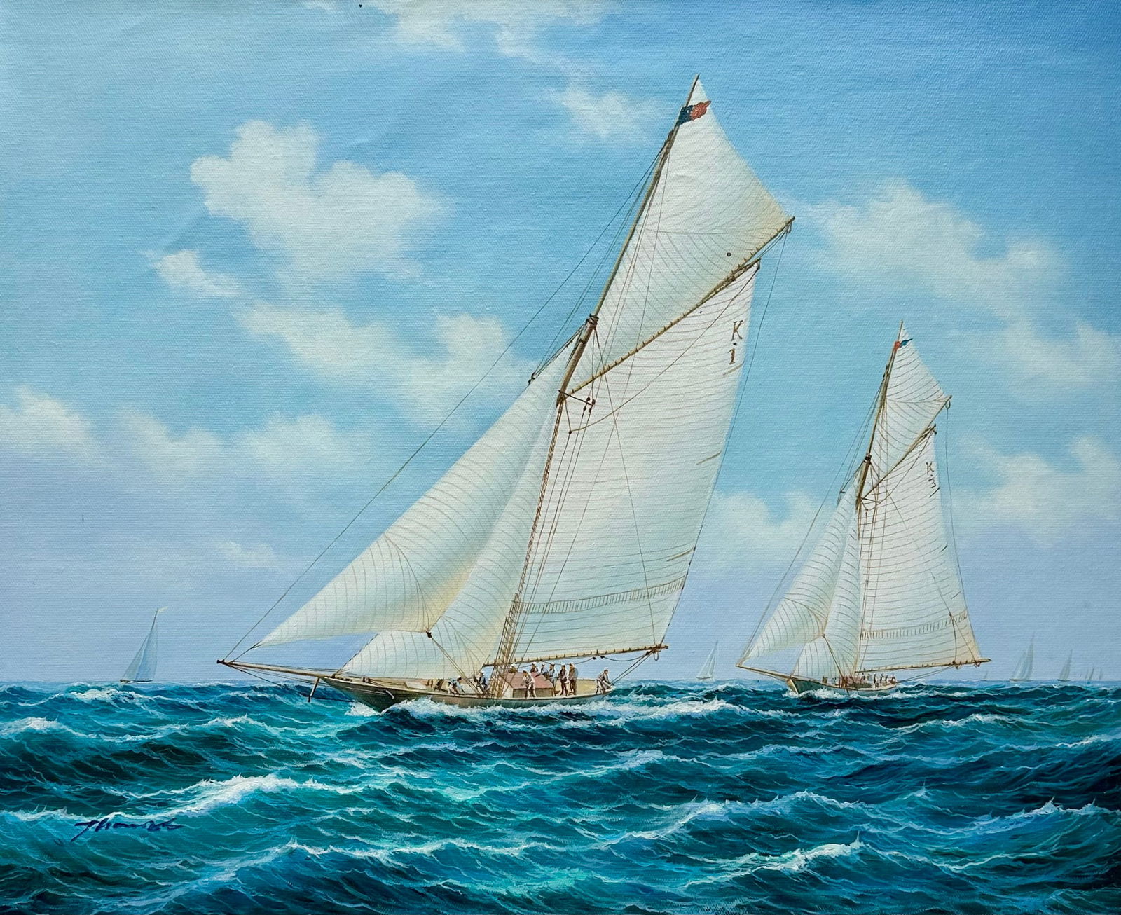 Original Maritime Watercolor Painting, Classic Sailboat Regatta Scene, Unstretched, by Thomas - 2