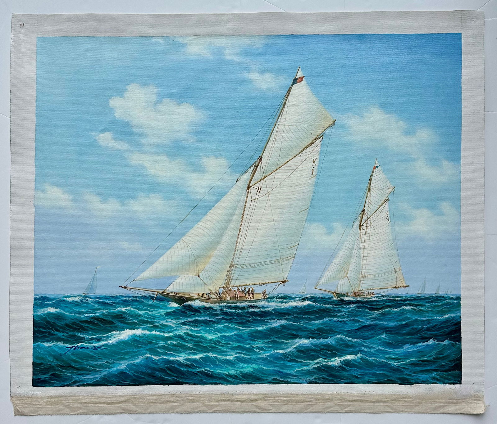 Original Maritime Watercolor Painting, Classic Sailboat Regatta Scene, Unstretched, by Thomas - 6