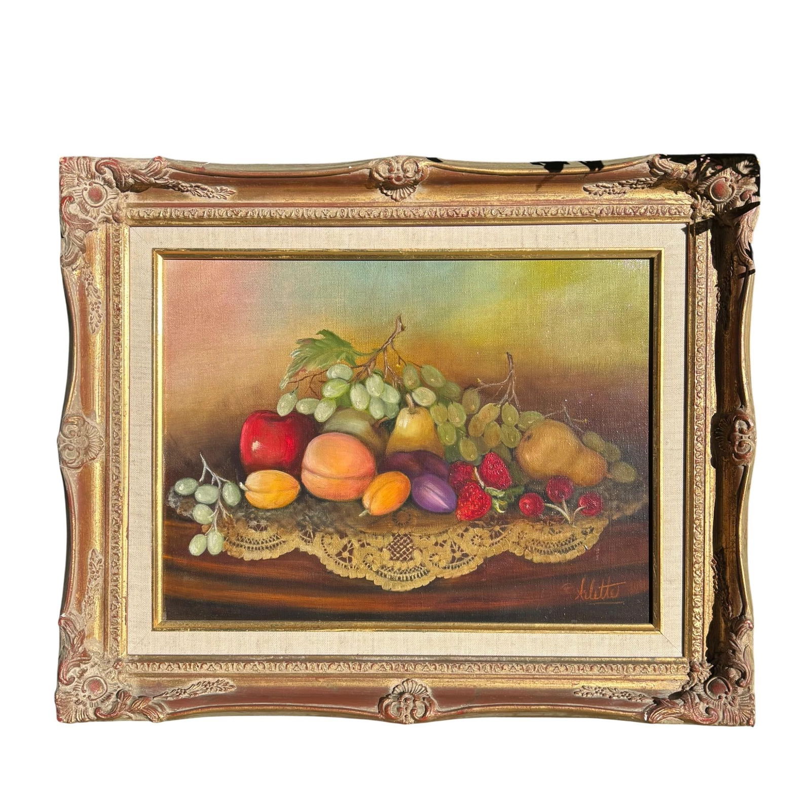 Fruit Still Life Oil Painting in Ornate Gilt Frame, Signed - 2