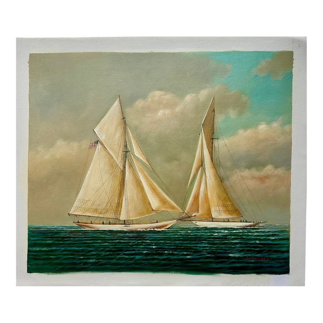 Schooner Yacht Racing Sailing Seascape Oil Painting on Canvas, Unstretched, by D. Tayler (1 of 7)