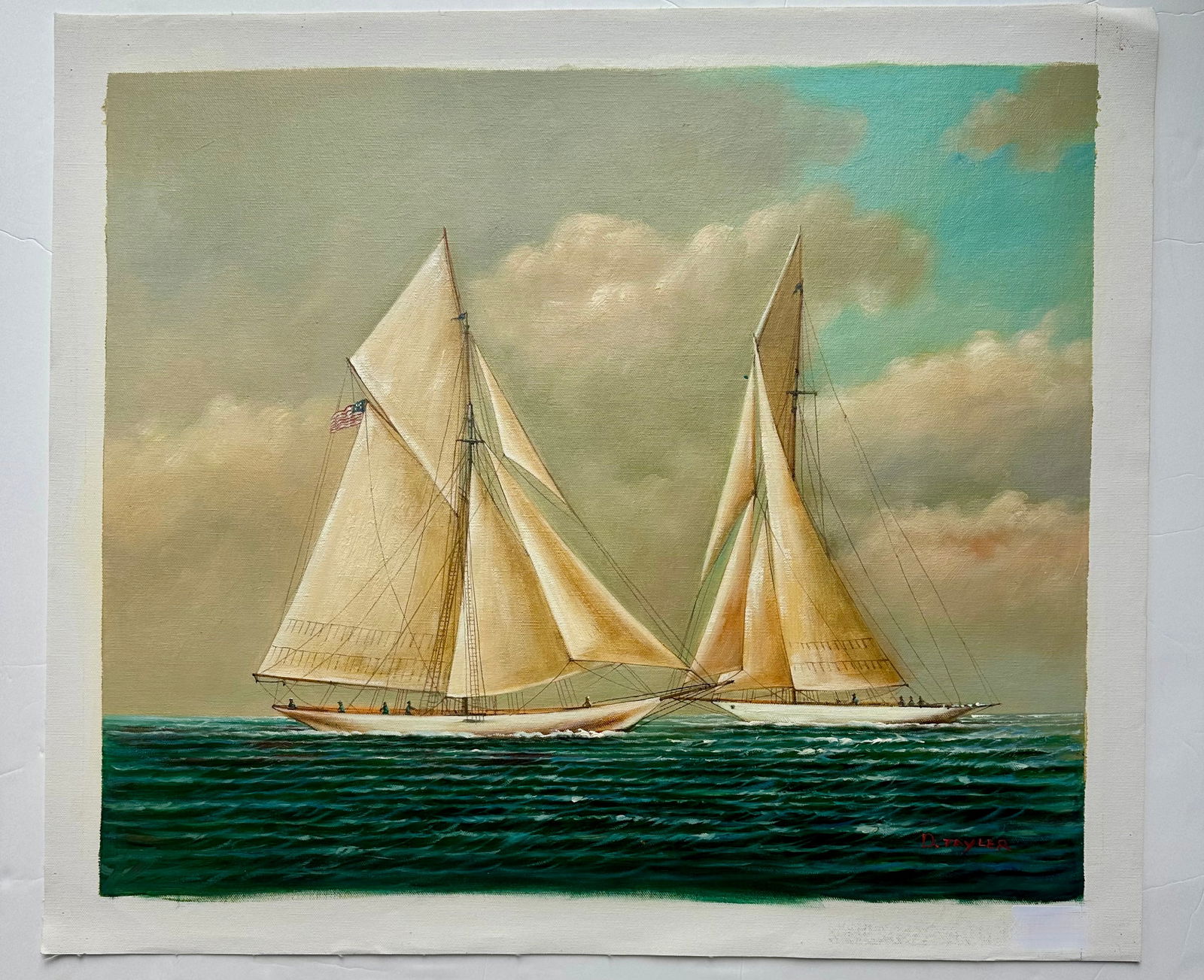 Schooner Yacht Racing Sailing Seascape Oil Painting on Canvas, Unstretched, by D. Tayler - 2