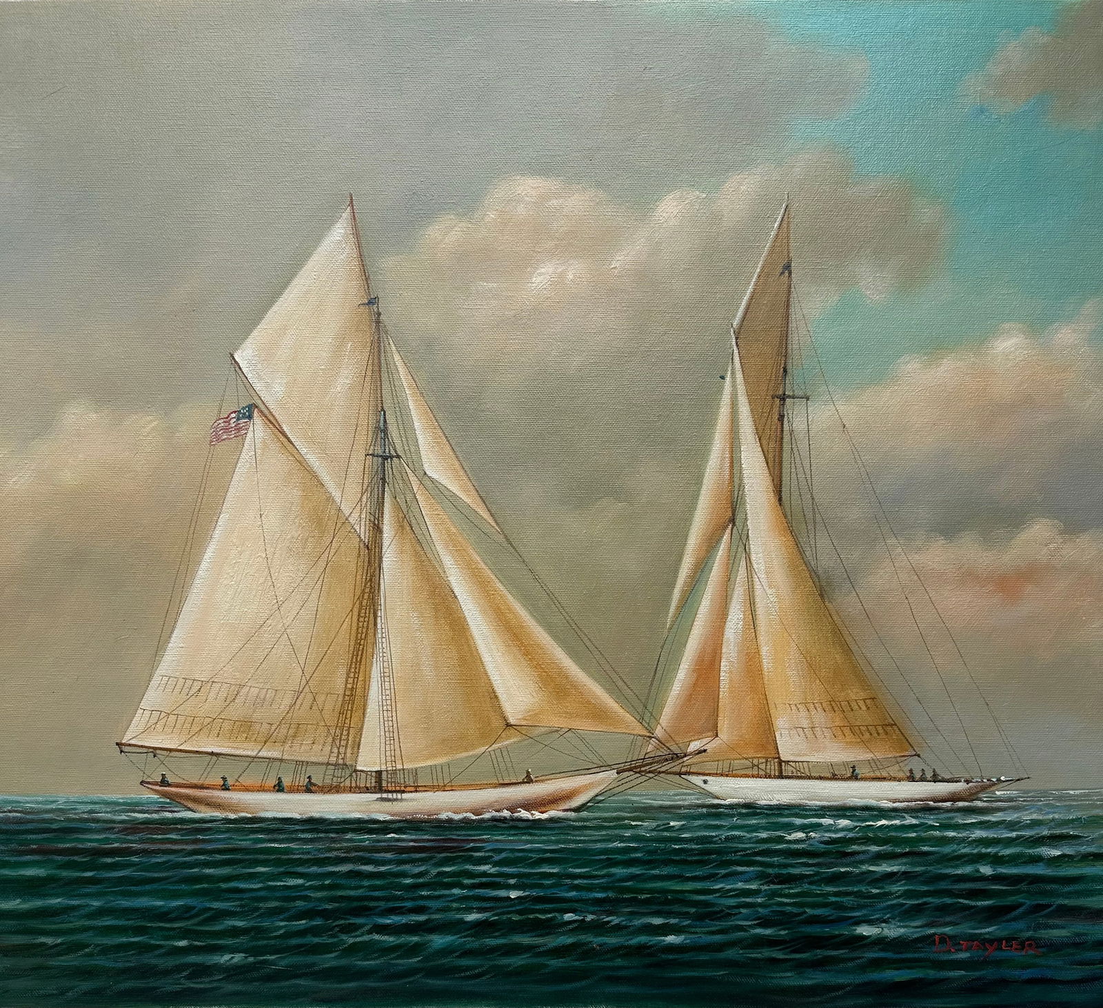 Schooner Yacht Racing Sailing Seascape Oil Painting on Canvas, Unstretched, by D. Tayler - 3