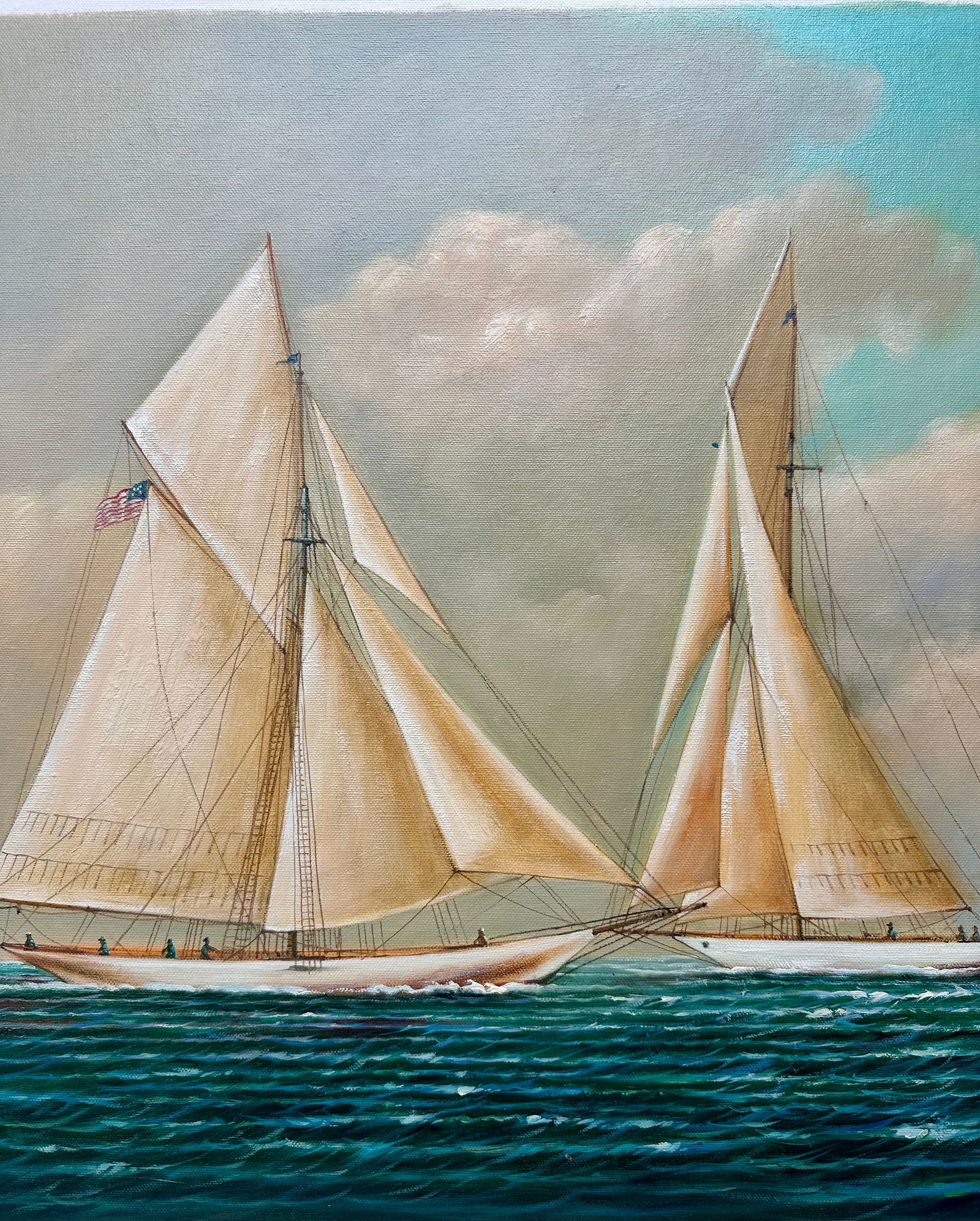 Schooner Yacht Racing Sailing Seascape Oil Painting on Canvas, Unstretched, by D. Tayler - 4