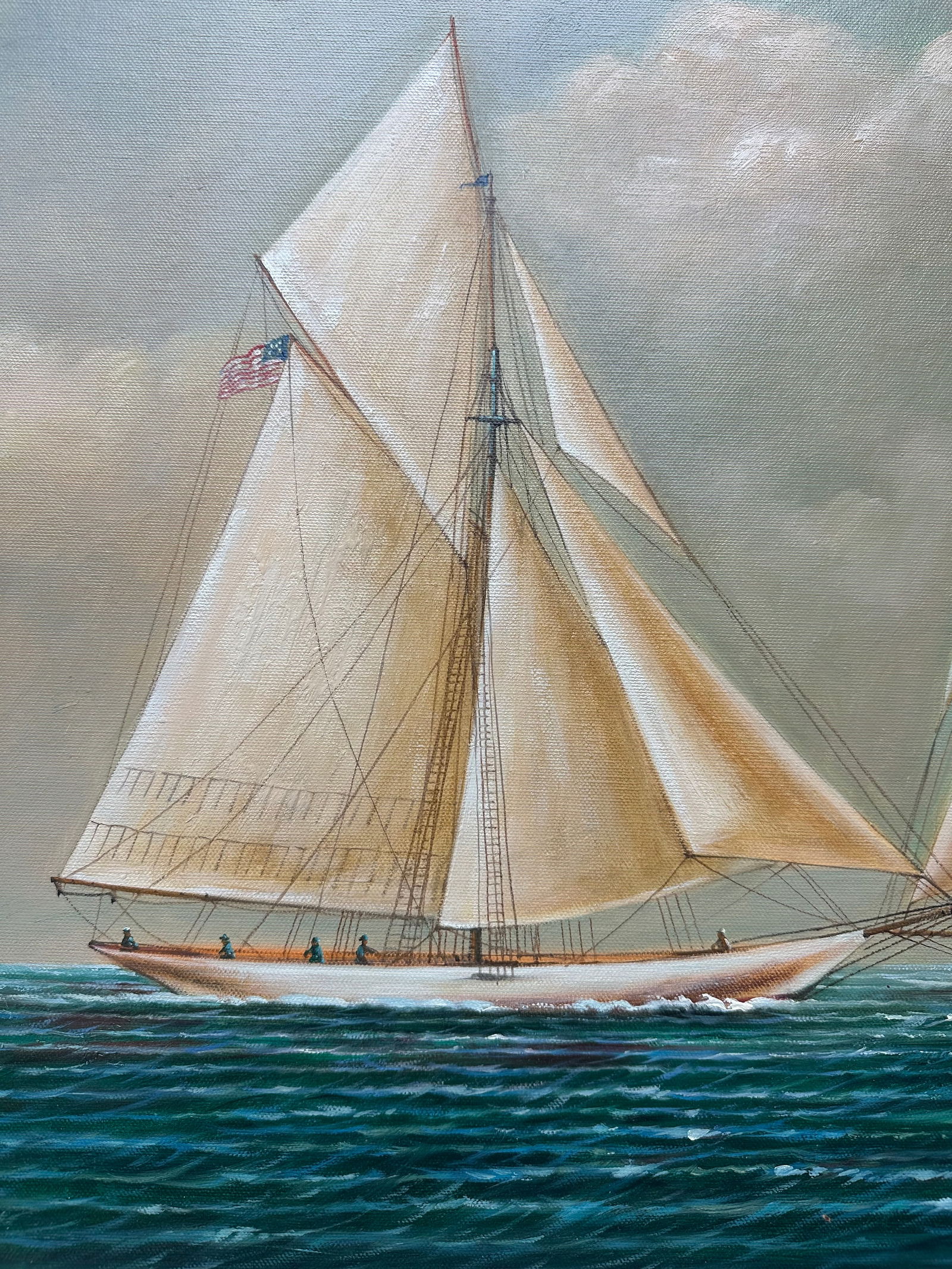 Schooner Yacht Racing Sailing Seascape Oil Painting on Canvas, Unstretched, by D. Tayler - 6