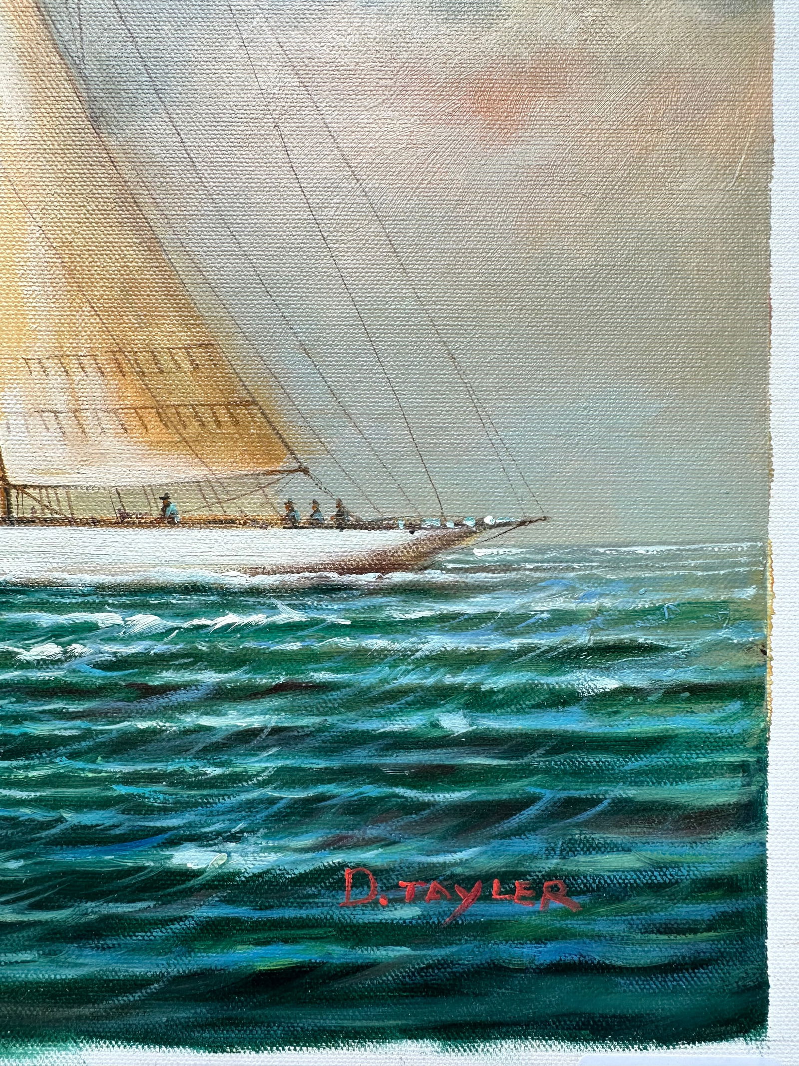 Schooner Yacht Racing Sailing Seascape Oil Painting on Canvas, Unstretched, by D. Tayler - 7