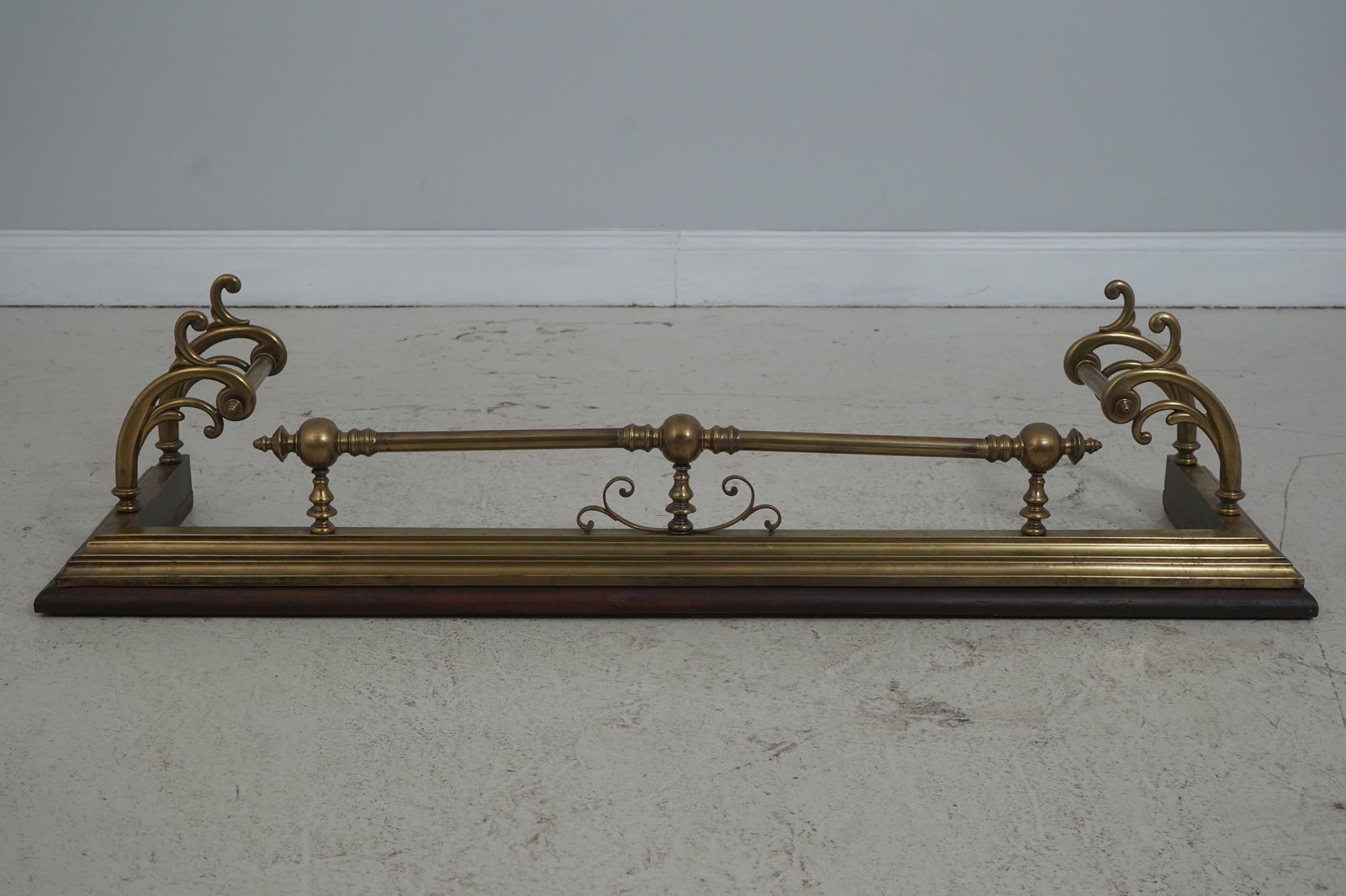 Antique English Brass Fireplace Fender on Wood Base - 2
