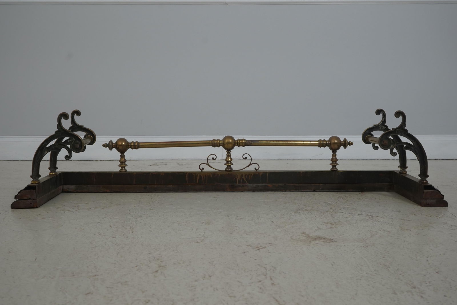 Antique English Brass Fireplace Fender on Wood Base - 7
