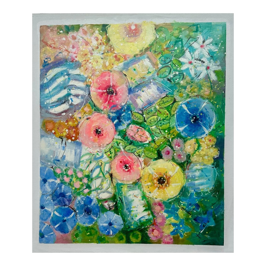 Modern Abstract Floral Painting on Canvas, 20 X 24, Unstretched, by Youn Cho: Original oil on unstretched canvas, measuring 20" x 24". Signed by artist Youn Cho, circa 2024. Cho combines elements of impressionism and abstract art, with visible, loose brushwork and dabs of