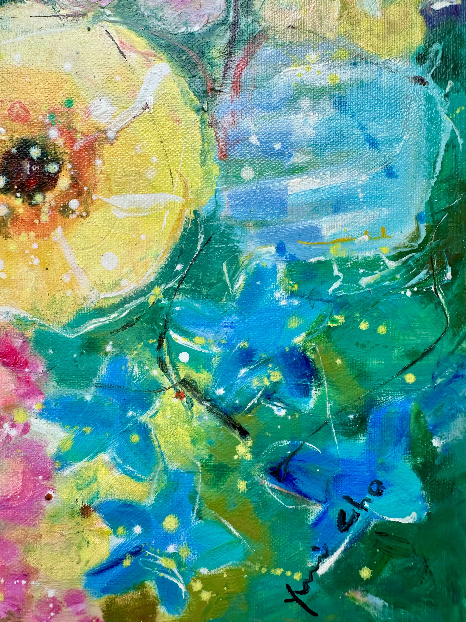 Modern Abstract Floral Painting on Canvas, 20 X 24, Unstretched, by Youn Cho - 3