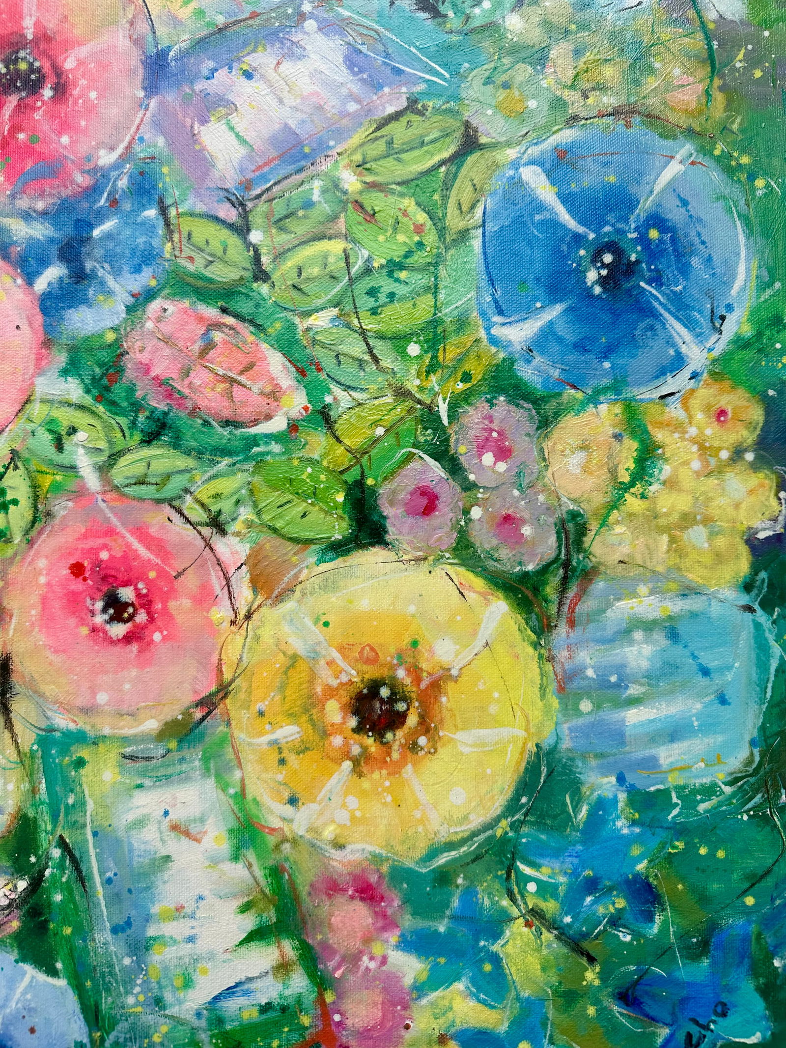 Modern Abstract Floral Painting on Canvas, 20 X 24, Unstretched, by Youn Cho - 4