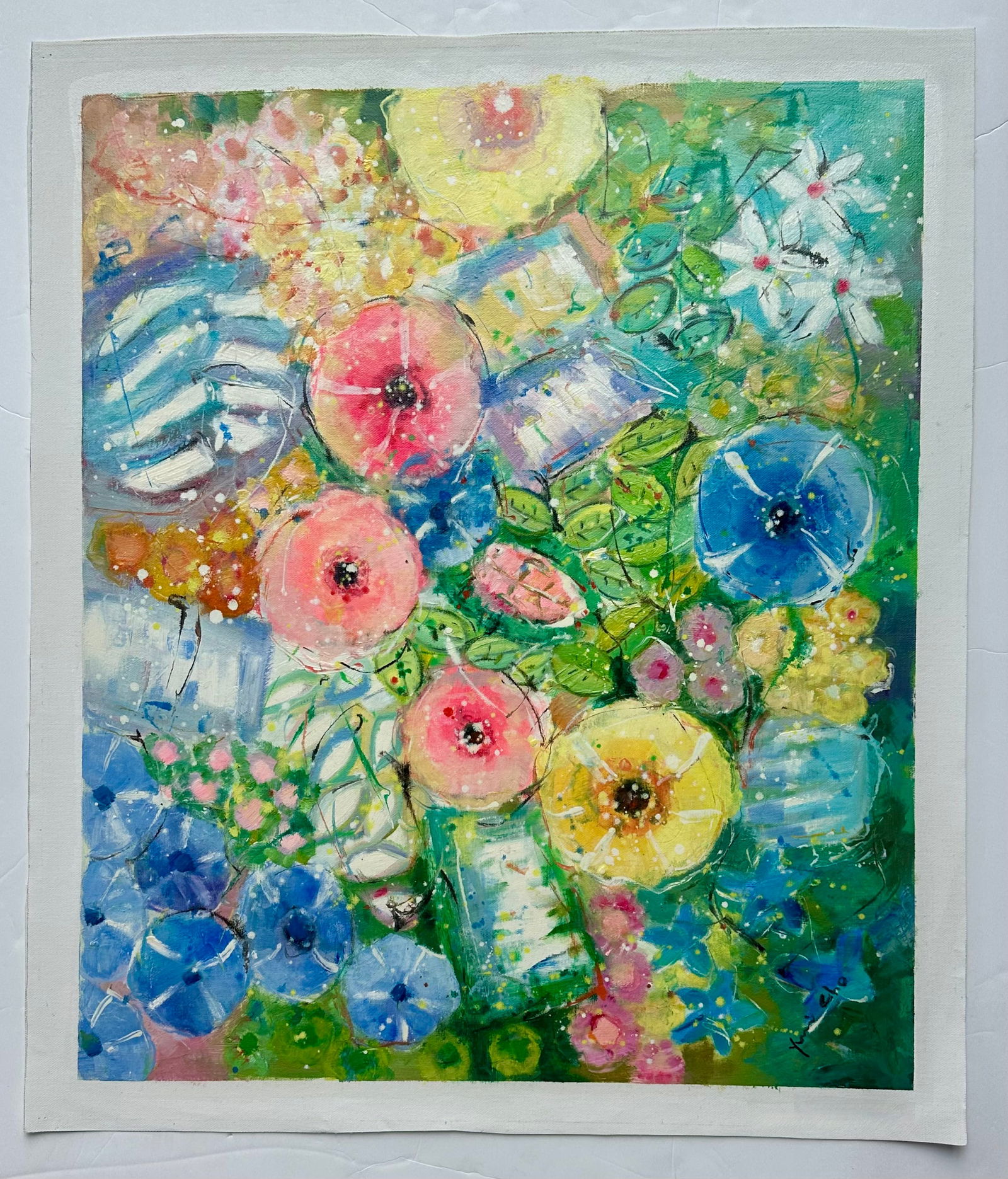Modern Abstract Floral Painting on Canvas, 20 X 24, Unstretched, by Youn Cho - 6