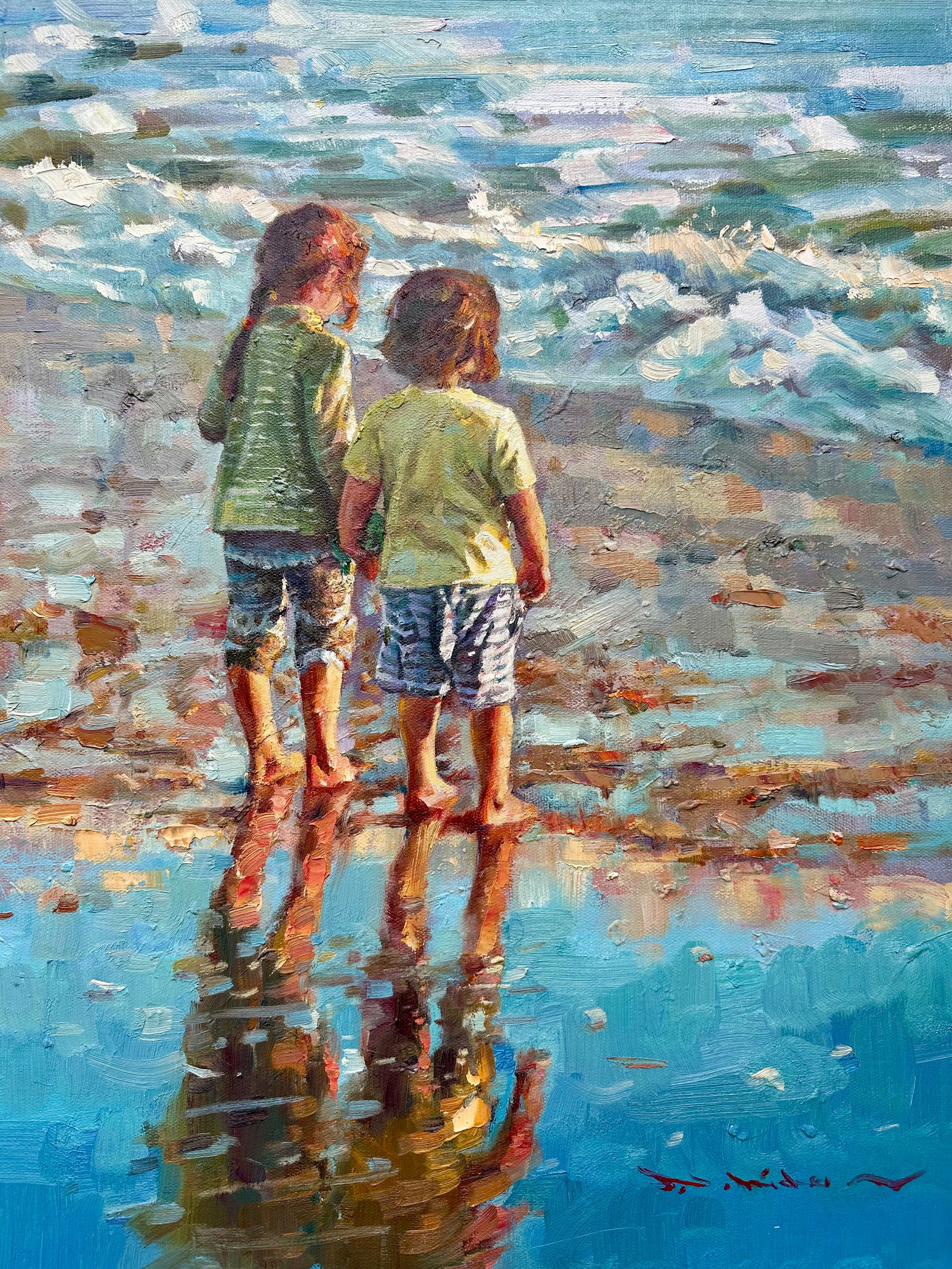 Children at the Seashore" Original Oil Painting - Contemporary Impressionist Beach Scene, Unstretche - 2
