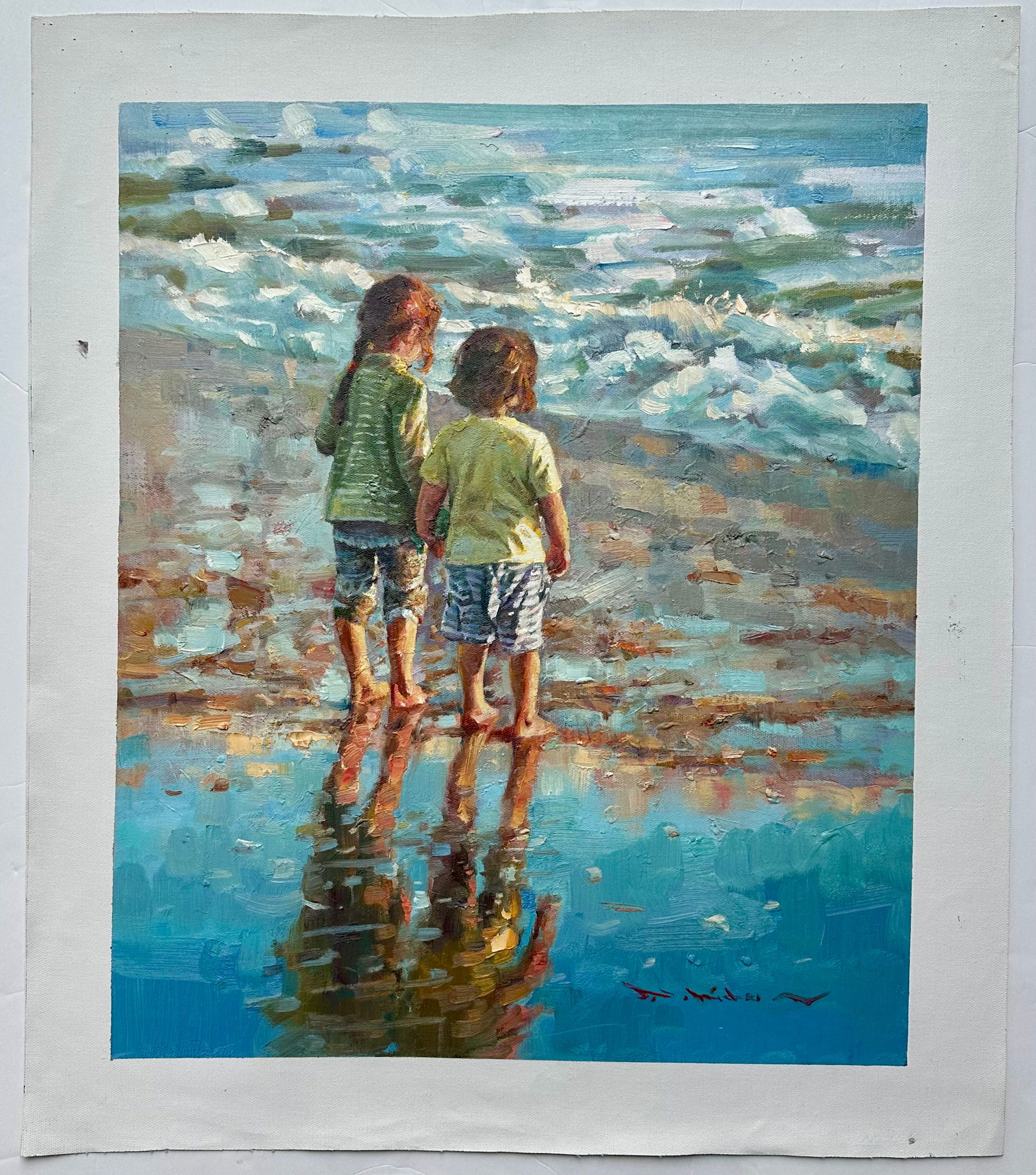 Children at the Seashore" Original Oil Painting - Contemporary Impressionist Beach Scene, Unstretche - 4