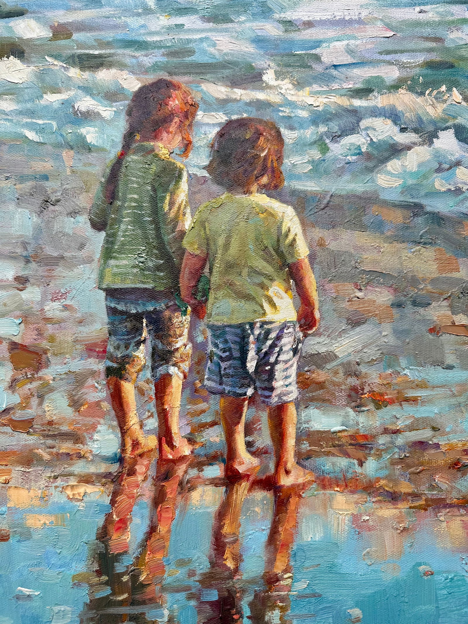 Children at the Seashore" Original Oil Painting - Contemporary Impressionist Beach Scene, Unstretche - 5