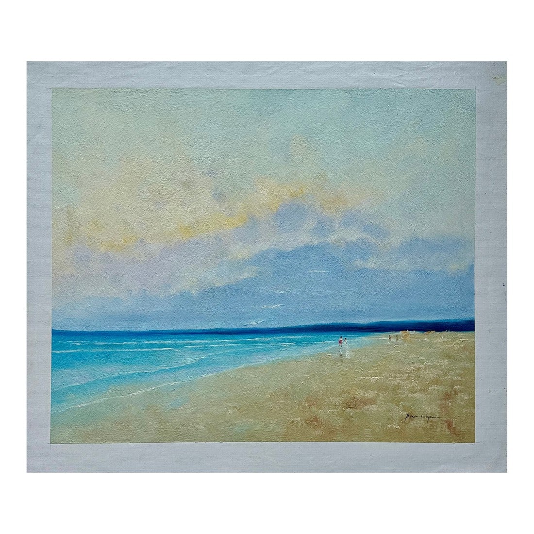 Serene Coastal Abstract Beach Scene - Original Oil, Unstretched Canvas, by Arciero: Original oil on unstretched canvas, measuring 24" x 20". Signed by artist Dion Arciero, circa 2024. Arciero uses an impressionistic style to capture this serene beach scene. The artwork features a