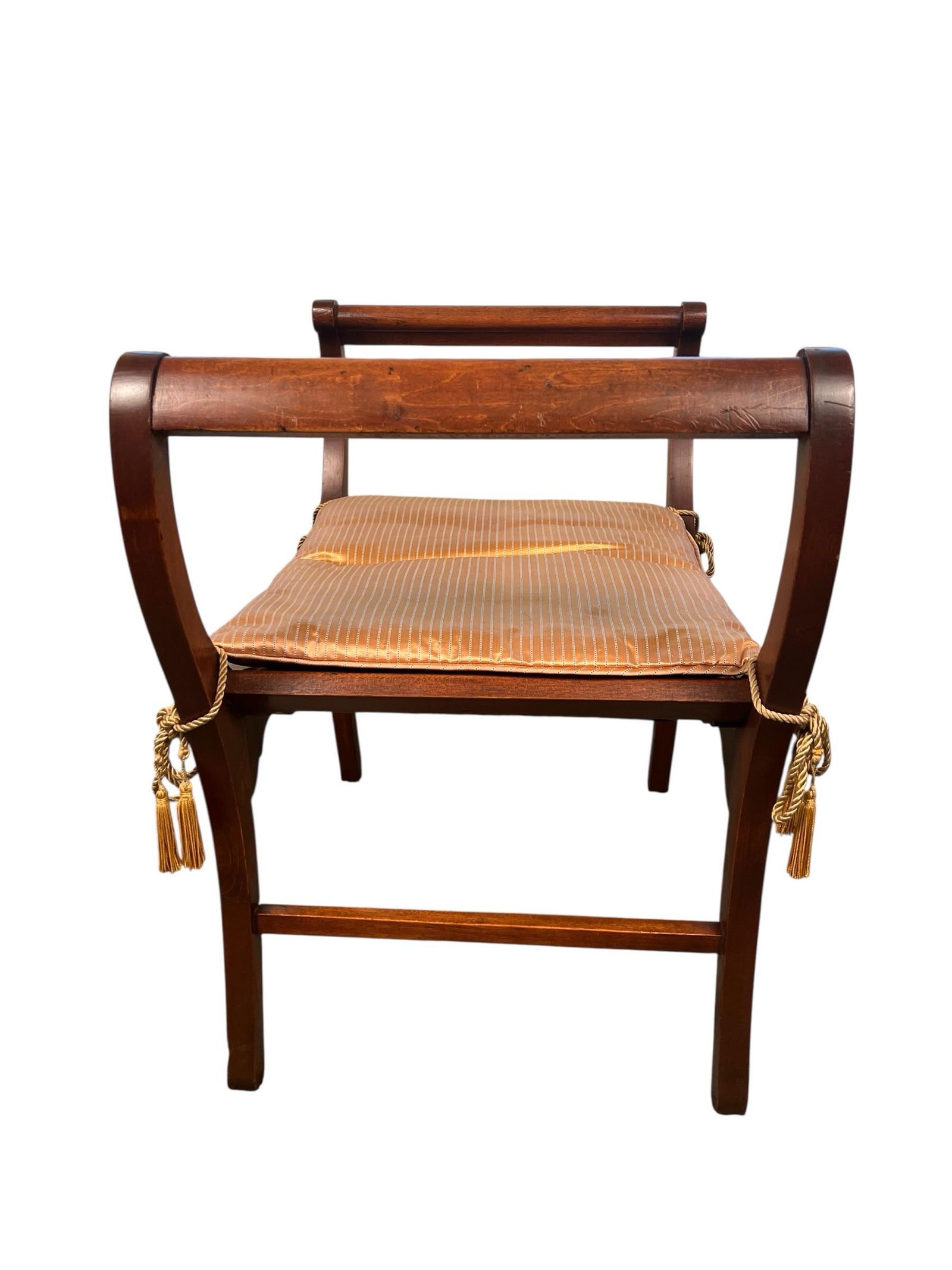 Late 20th Century Empire Revival Mahogany Side Bench With Striped Cushion and Tassel Ties - 2