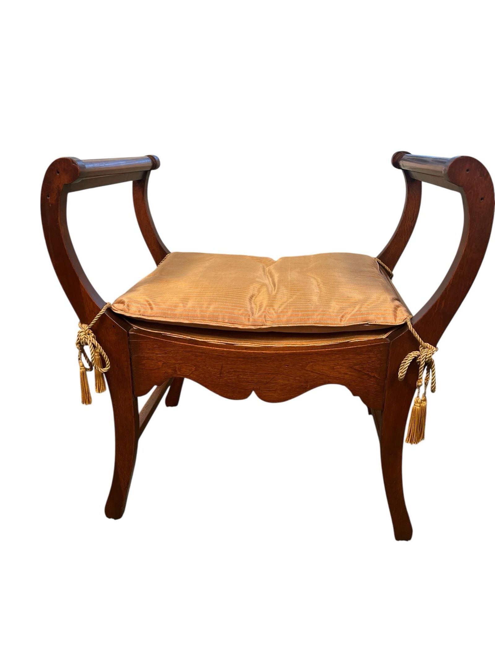 Late 20th Century Empire Revival Mahogany Side Bench With Striped Cushion and Tassel Ties - 3