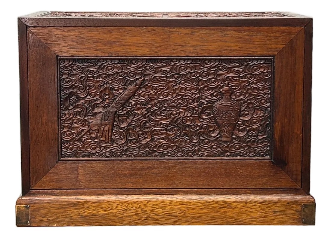 Oriental Cloud Scroll Relief Motif Treasure Chest Box Brown Color Wood (1 of 11)
