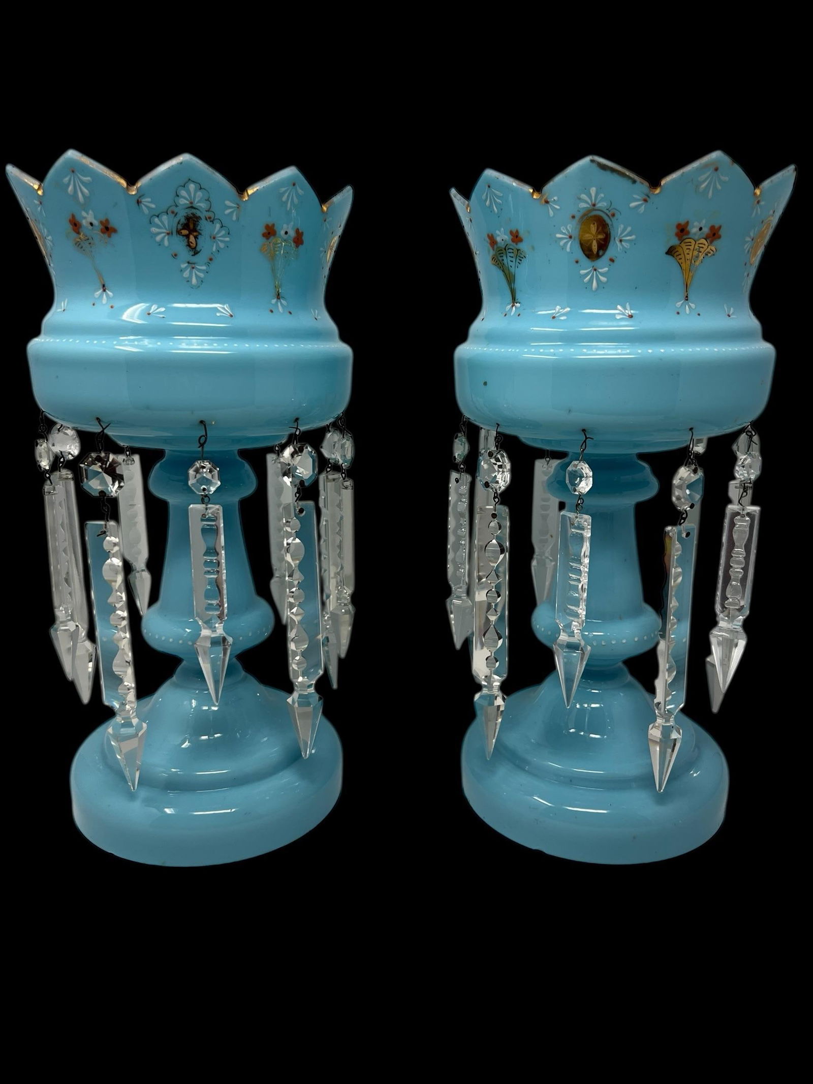 Late 19th Century Victorian Blue Opaline Glass Mantle Lusters With Cut Prisms, Pair, 14" - 10