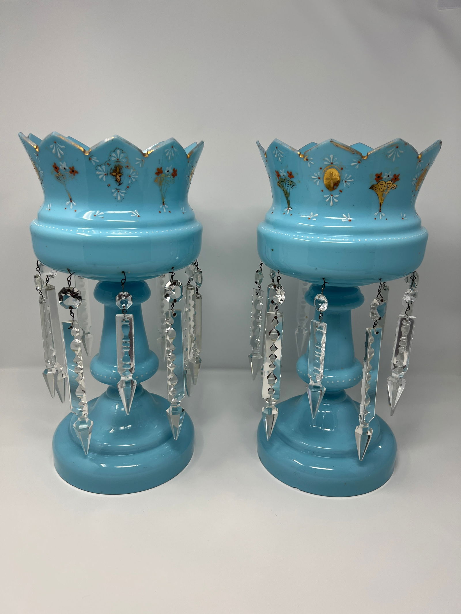 Late 19th Century Victorian Blue Opaline Glass Mantle Lusters With Cut Prisms, Pair, 14" - 2