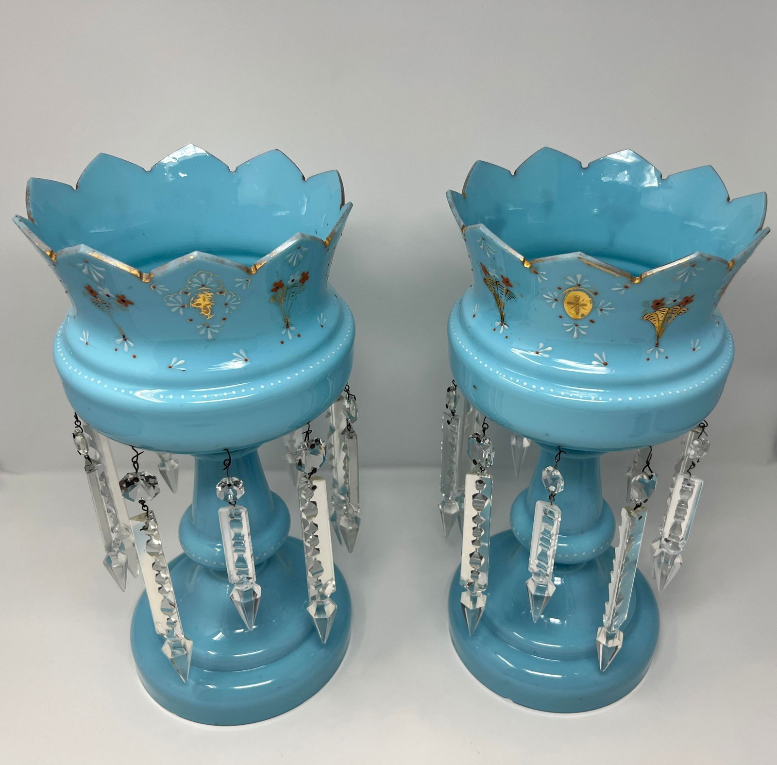 Late 19th Century Victorian Blue Opaline Glass Mantle Lusters With Cut Prisms, Pair, 14" - 4