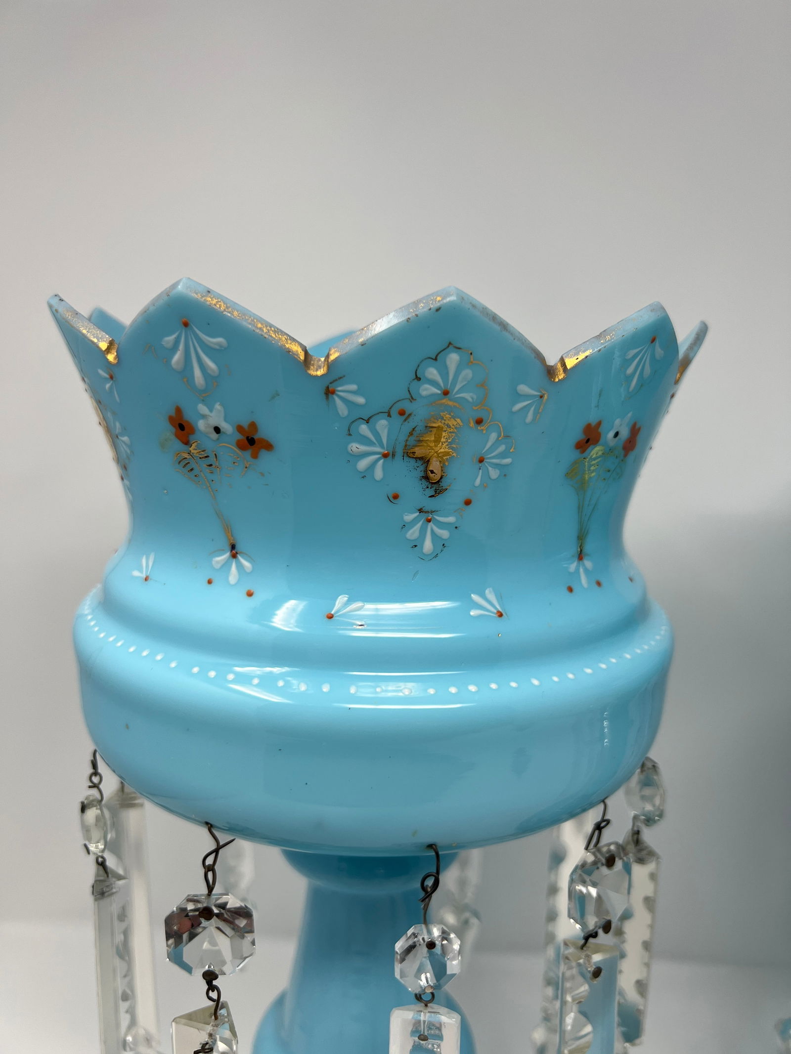 Late 19th Century Victorian Blue Opaline Glass Mantle Lusters With Cut Prisms, Pair, 14" - 6