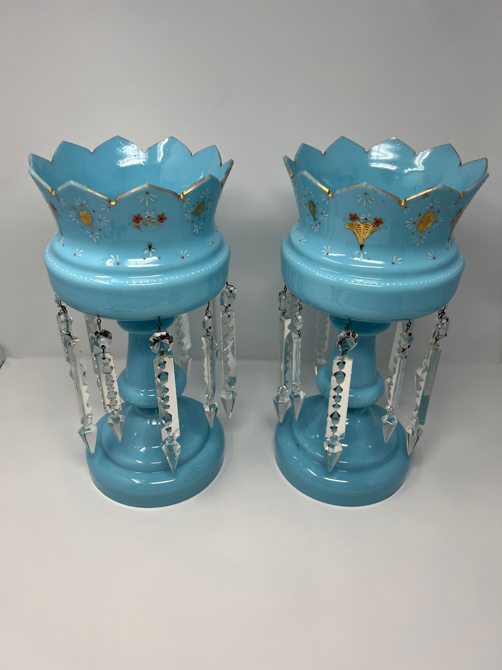 Late 19th Century Victorian Blue Opaline Glass Mantle Lusters With Cut Prisms, Pair, 14" - 7