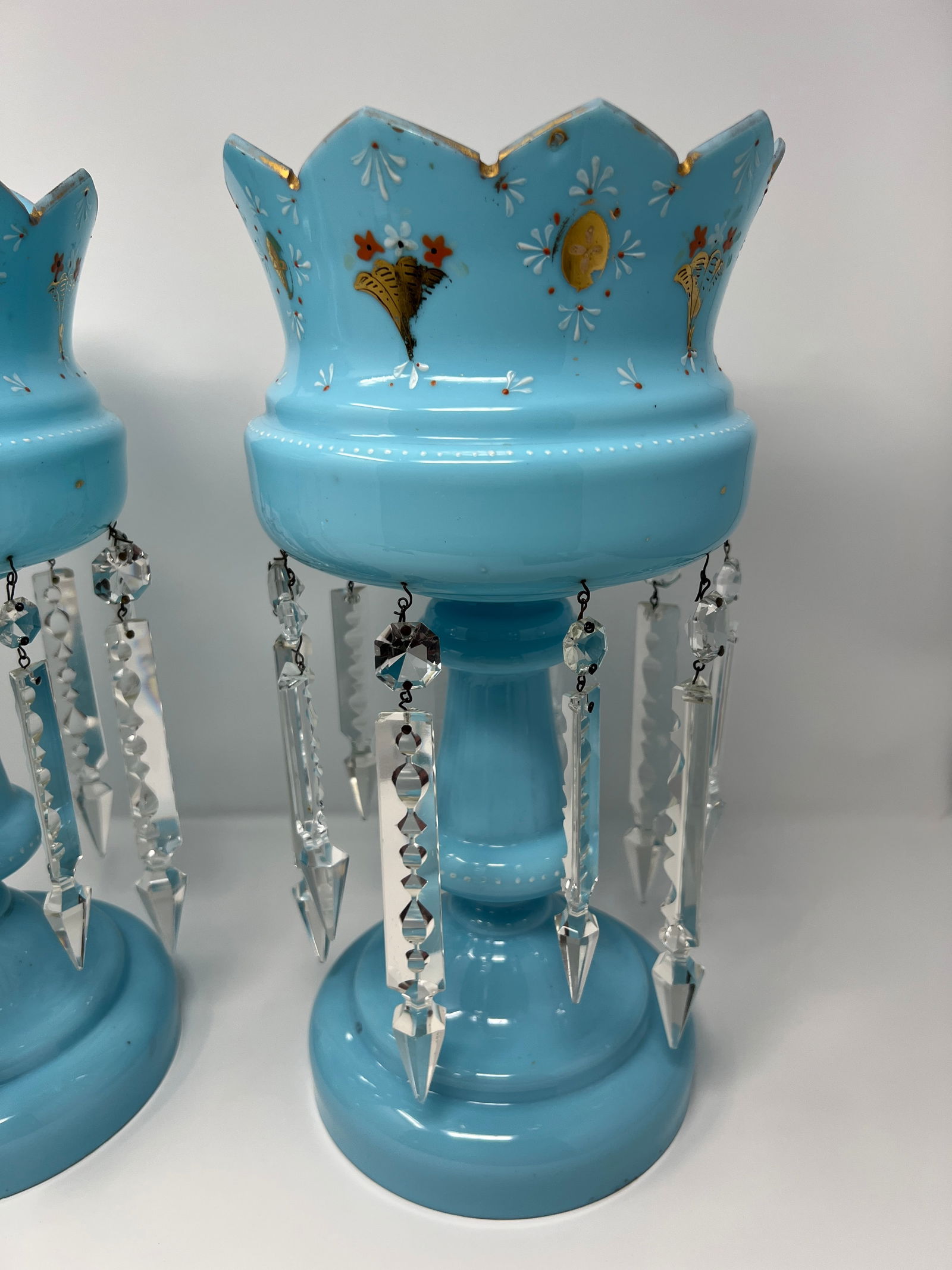 Late 19th Century Victorian Blue Opaline Glass Mantle Lusters With Cut Prisms, Pair, 14" - 8