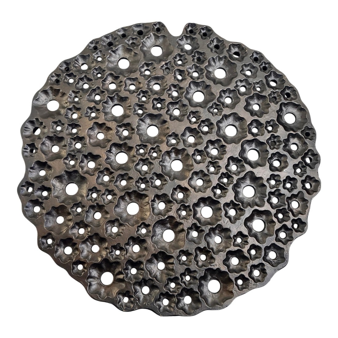 Large Round Modern Organic Made Goods Sculptural Wall Hanging One of a Kind Pattern: One-of-a-kind sculptural plaster wall hanging by Made Goods, featuring an organic, perforated pattern with layered depth and strong dimensional presence. Finished in a beautiful matte black surface,