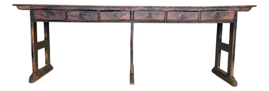 18th Century Large Solid Wood Walnut Console Table With Six Drawers: Large Solid Wood Walnut Console Table with Six Drawers The piece is in original condition but someone adds three holes in the top. We could to restore the piece and hide the holes if you want . The