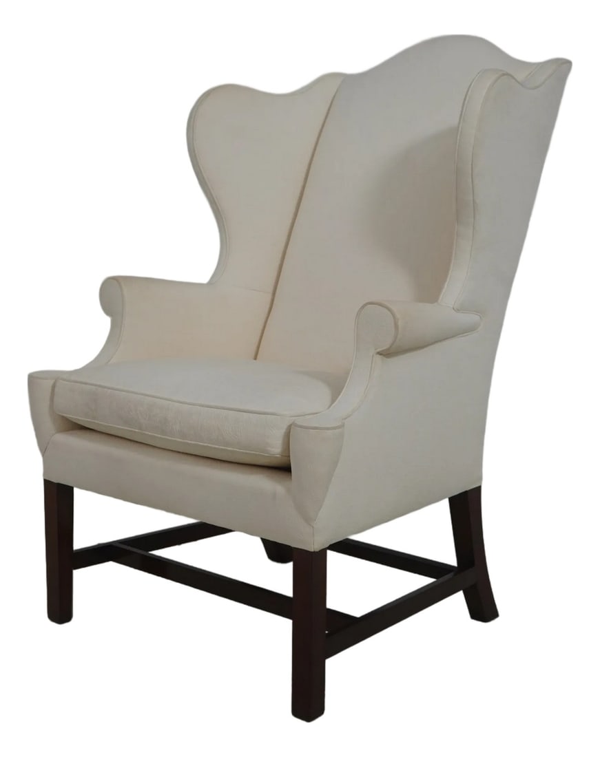 Kindel 18th Century Style Chippendale Mahogany Wing Chair: Age Approx. 30 Years Old Details Solid Mahogany Down Seat Cushion High Quality Construction Clean Well-Cared-For Off-White Upholstery Offered At A Fraction Of The Original Retail Cost 