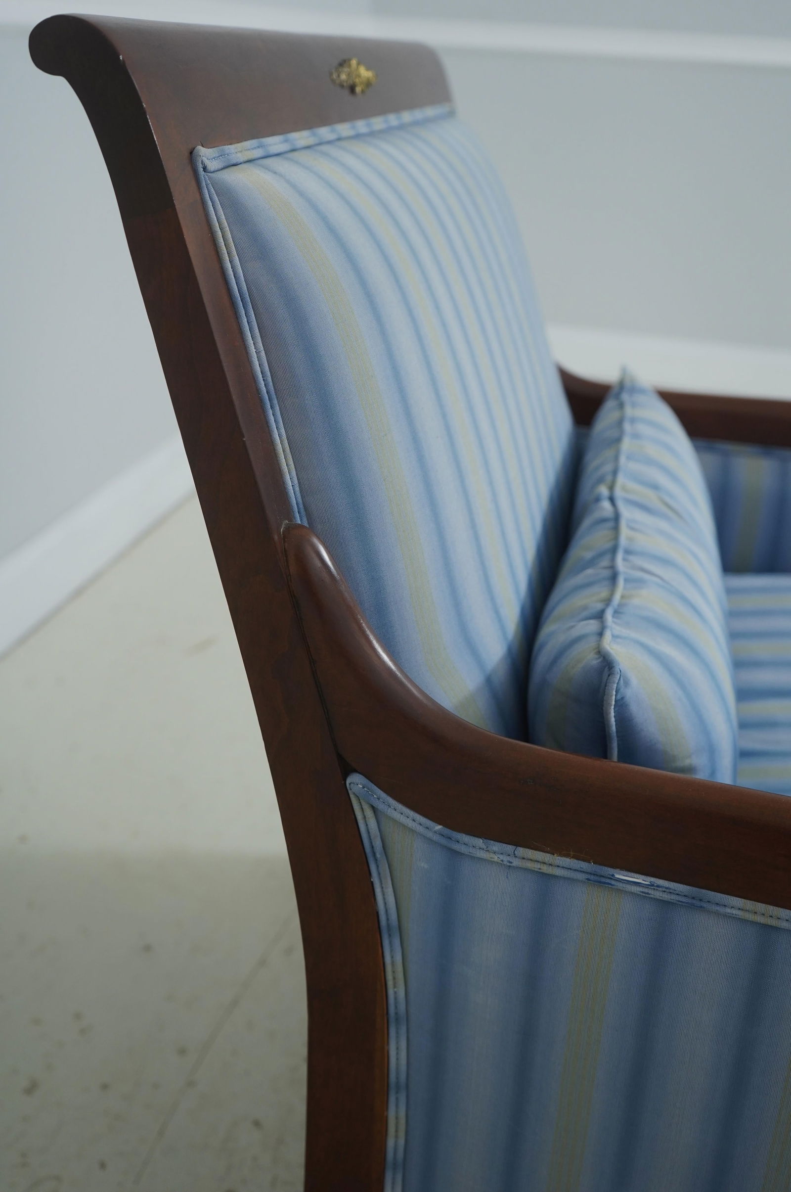 Baker French Empire Style Blue Upholstered Bergère Chair - 12