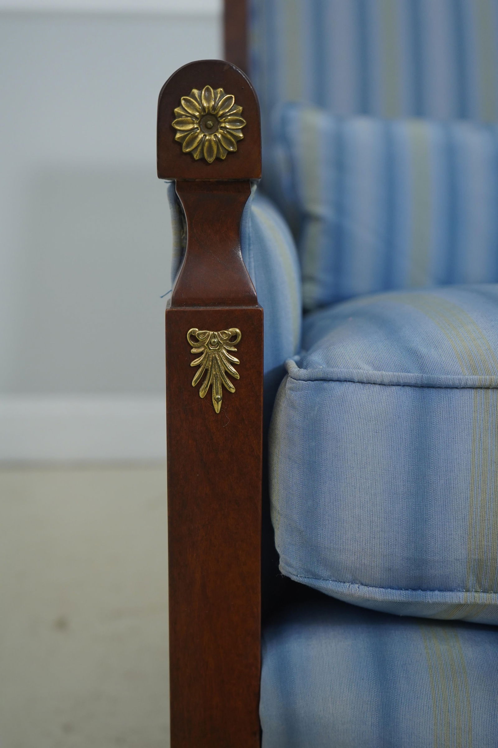 Baker French Empire Style Blue Upholstered Bergère Chair - 15