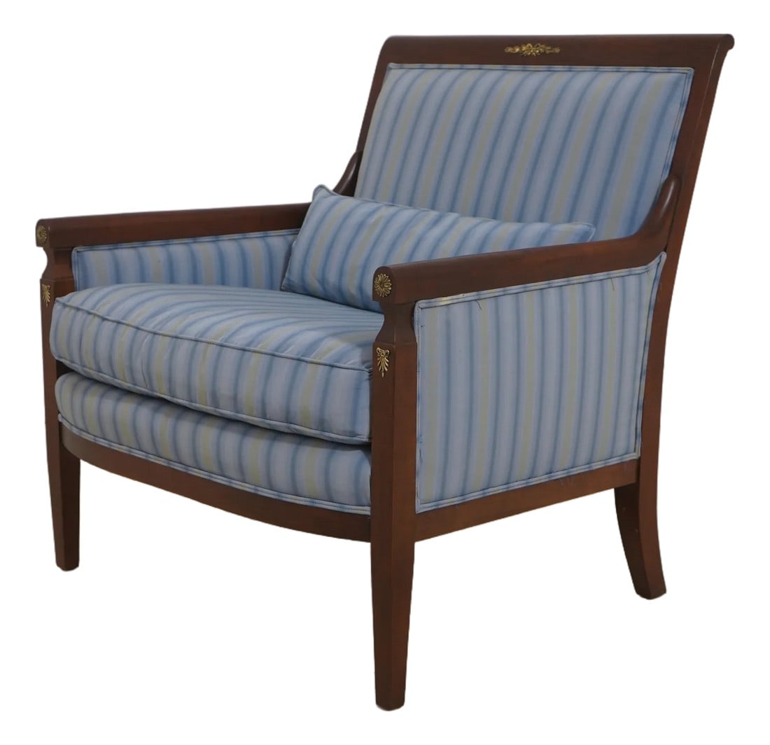 Baker French Empire Style Blue Upholstered Bergère Chair: Age Approx. 50 Years Old Details Cherry French Empire Style Quality Construction Brass Ormolu Mounted Trim Condition Excellent Original Finish And Condition Size 33W x 31D x 35H | Arm