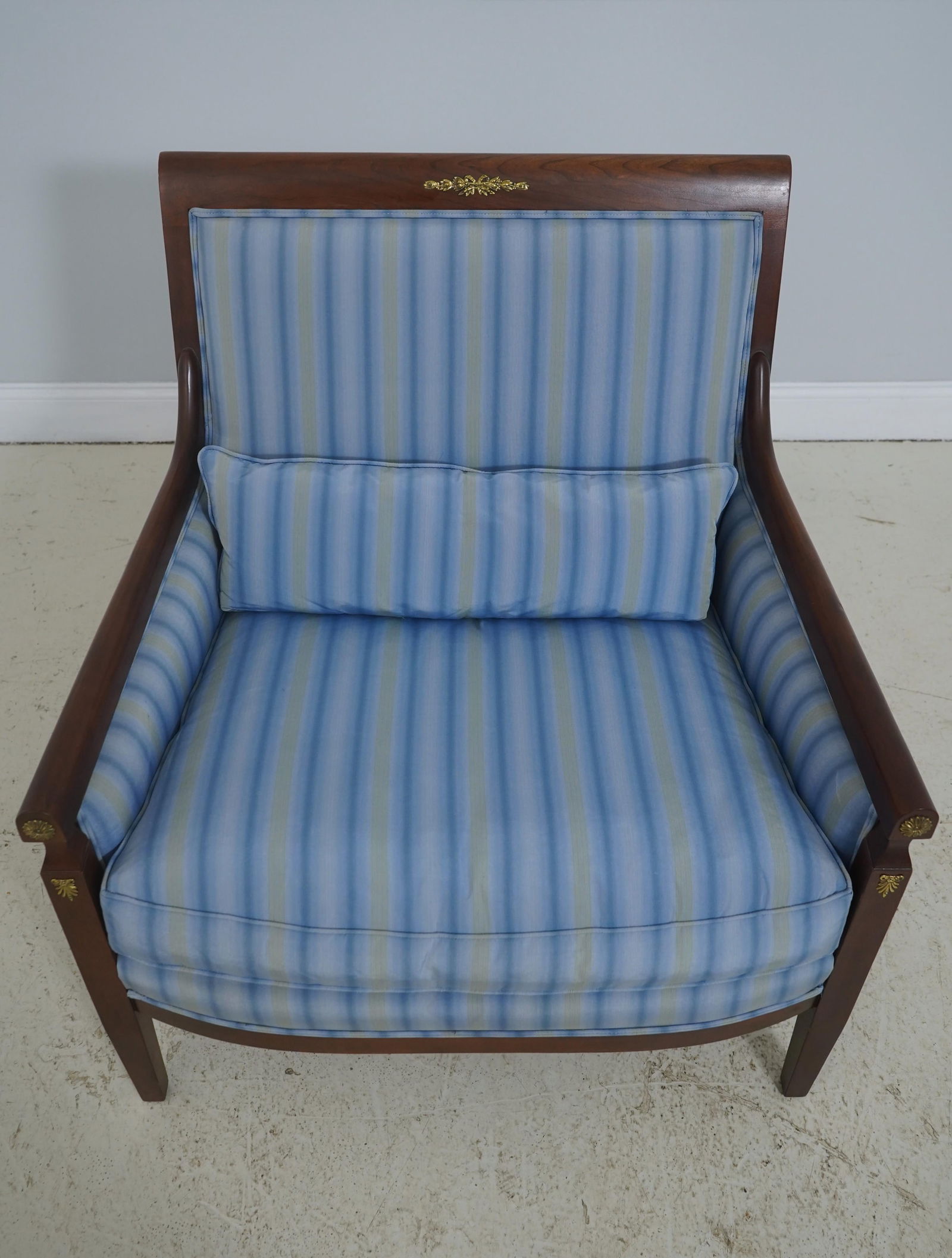 Baker French Empire Style Blue Upholstered Bergère Chair - 2