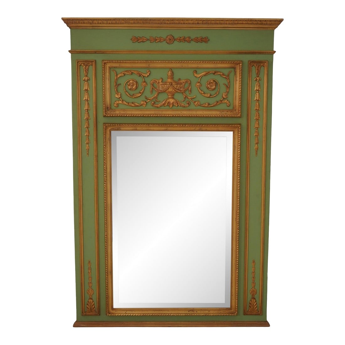 Carvers' Guild Marie Antoinette French Style Trumeau Mirror: Age Approx. 30 Years Old Details Model 5299 Marie Antoinette Beveled Glass Mirror High Quality Construction Large Impressive Mirror French Style Green Frame With Gold Highlights 18th