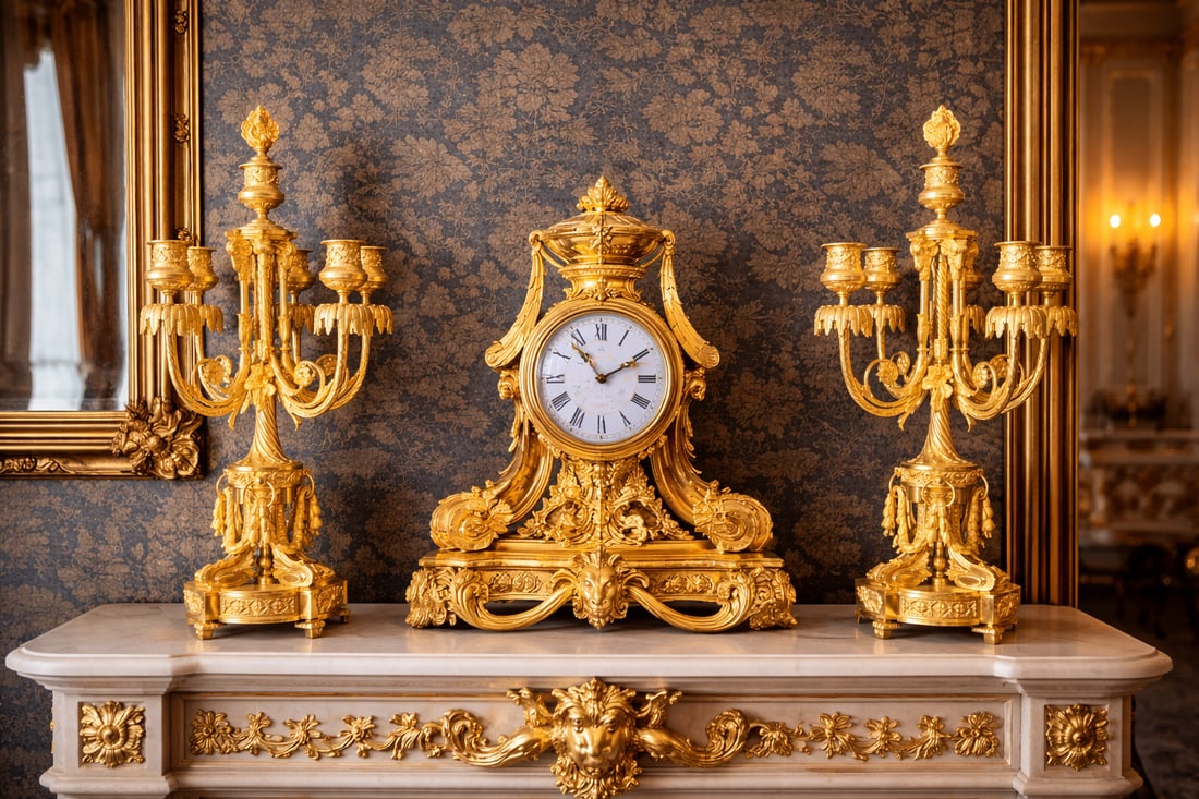 c.1860 Ad Mougin Louis XVI Gilt Bronze Clock Set, 3 PCS - 18