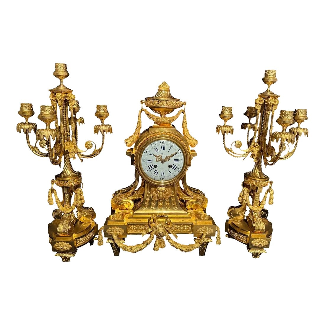 c.1860 Ad Mougin Louis XVI Gilt Bronze Clock Set, 3 PCS (1 of 18)