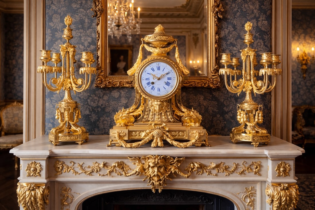 c.1860 Ad Mougin Louis XVI Gilt Bronze Clock Set, 3 PCS - 2