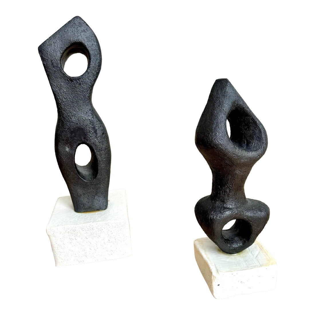 Signed Abstract/Biomorphic Black Stoneware Sculptures After Georges Jouve, Modernist, 2011, a Pair: Striking signed pair of heavy, abstract black stoneware sculptures, created in 2011 and inspired by the work of Georges Jouve. The forms reflect Jouve's iconic modernist language"”elongated