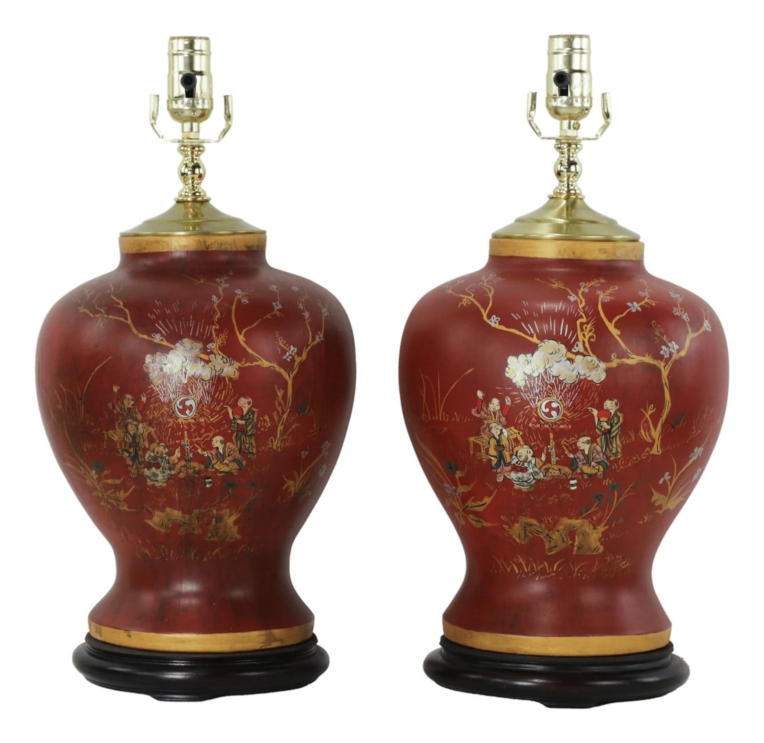 Pair of Vintage Hand Painted Chinoiserie Red Ginger Jar Table Lamps With Figural Narrative (1 of 13)