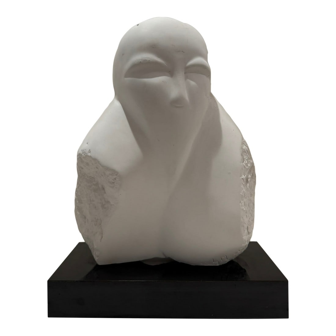 Larry Mohr Abstract Carved Head Sculpture on Base Signed: A contemplative abstract head sculpture by Larry Mohr, executed in white ceramic with a matte, chalk-like surface. Acquired directly from artist's estate. The form balances smooth, refined facial