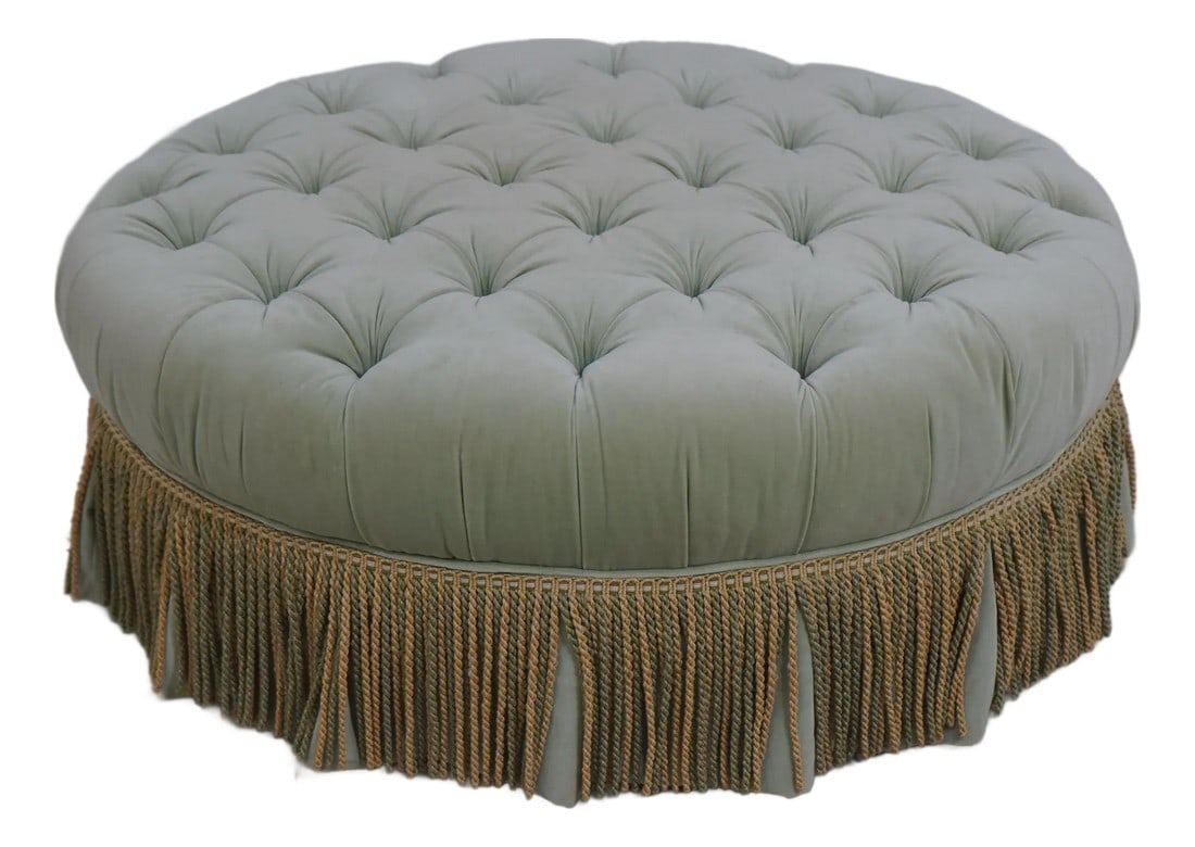 Baker Round Green Velvet Style Upholstered Ottoman (1 of 11)