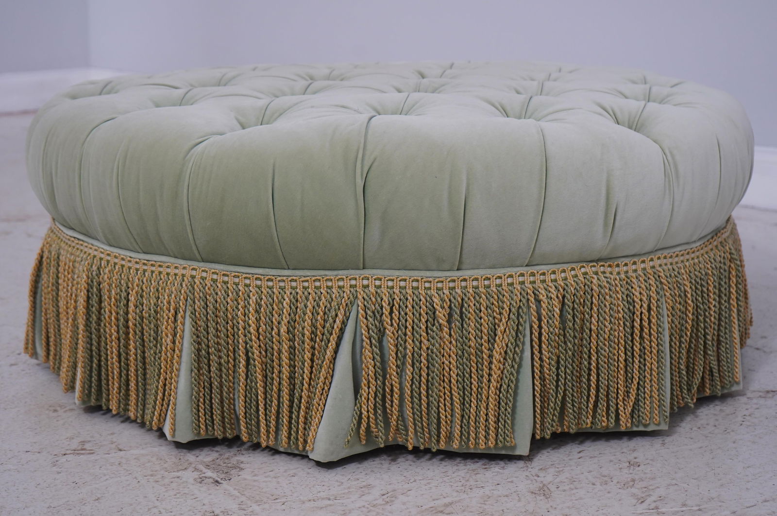 Baker Round Green Velvet Style Upholstered Ottoman - 2