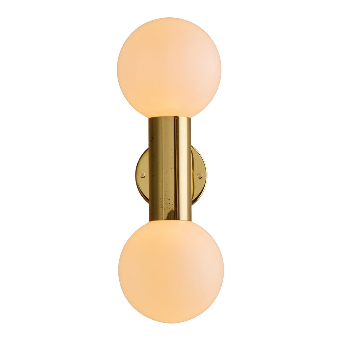 1970s Motoko Ishii Opaline Glass Double Sconce for Staff Leuchten: 1970s Motoko Ishii Opaline Glass Double Sconce for Staff Leuchten. Executed in brass-plated metal and delicate blown opaline glass that reveals a soft pearlescent sheen when unlit. Produced in