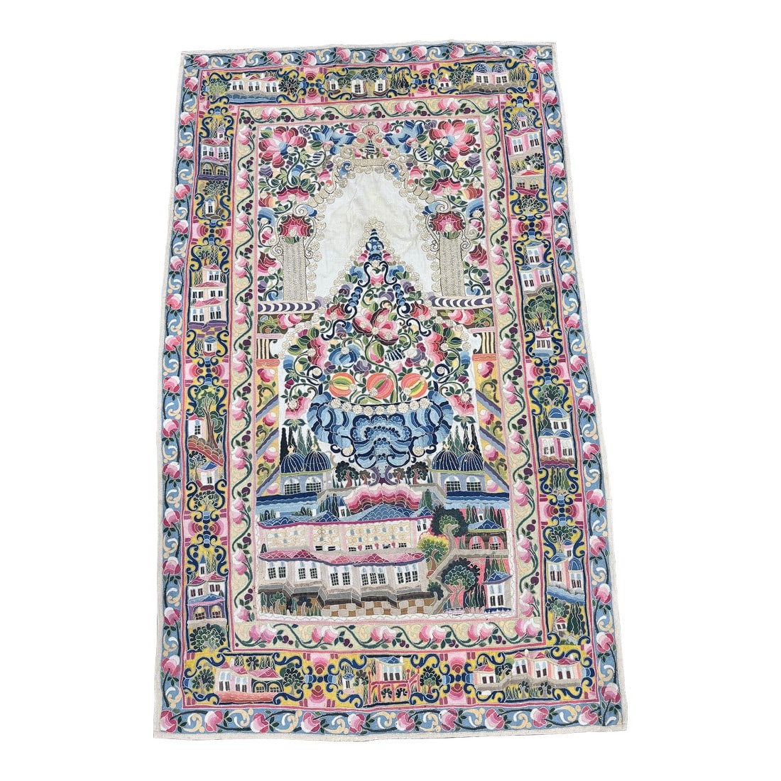 Late 19th / E. 20th Century Ottoman Turkish Mihrab Embroidered Tapestry: Attributed to an Ottoman Turkish workshop, Turkey, circa 1880–1920. This large embroidered tapestry is composed as a mihrab prayer-arch hanging, with stylized columns framing a scalloped niche