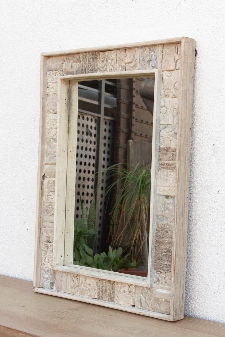 Carved Bleached Wood Tribal Mirror - 4