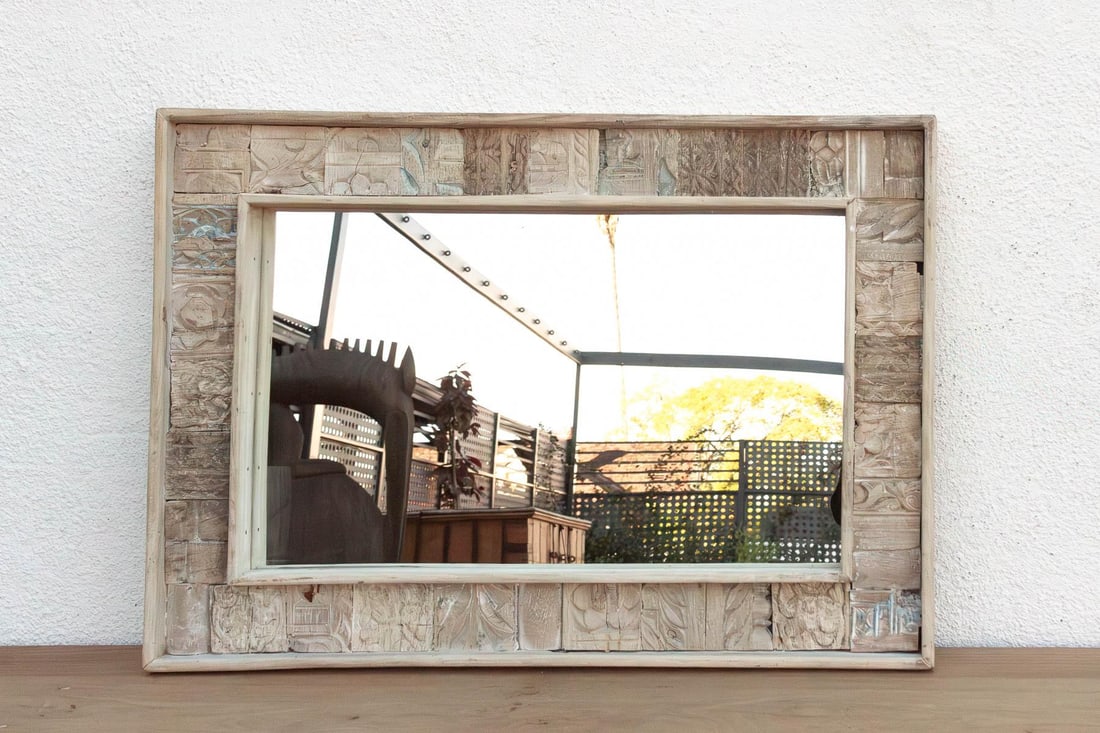 Carved Bleached Wood Tribal Mirror - 5